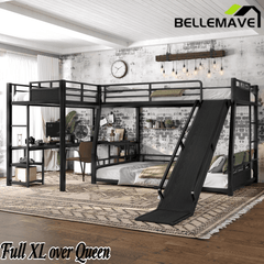Bellemave® L-Shaped Triple Bunk Bed with Slide - Full over Queen & Twin XL Loft, Built-in Desk, Shelves | Space-Saving Metal Frame, Quiet Study Design, Black - Bellemave