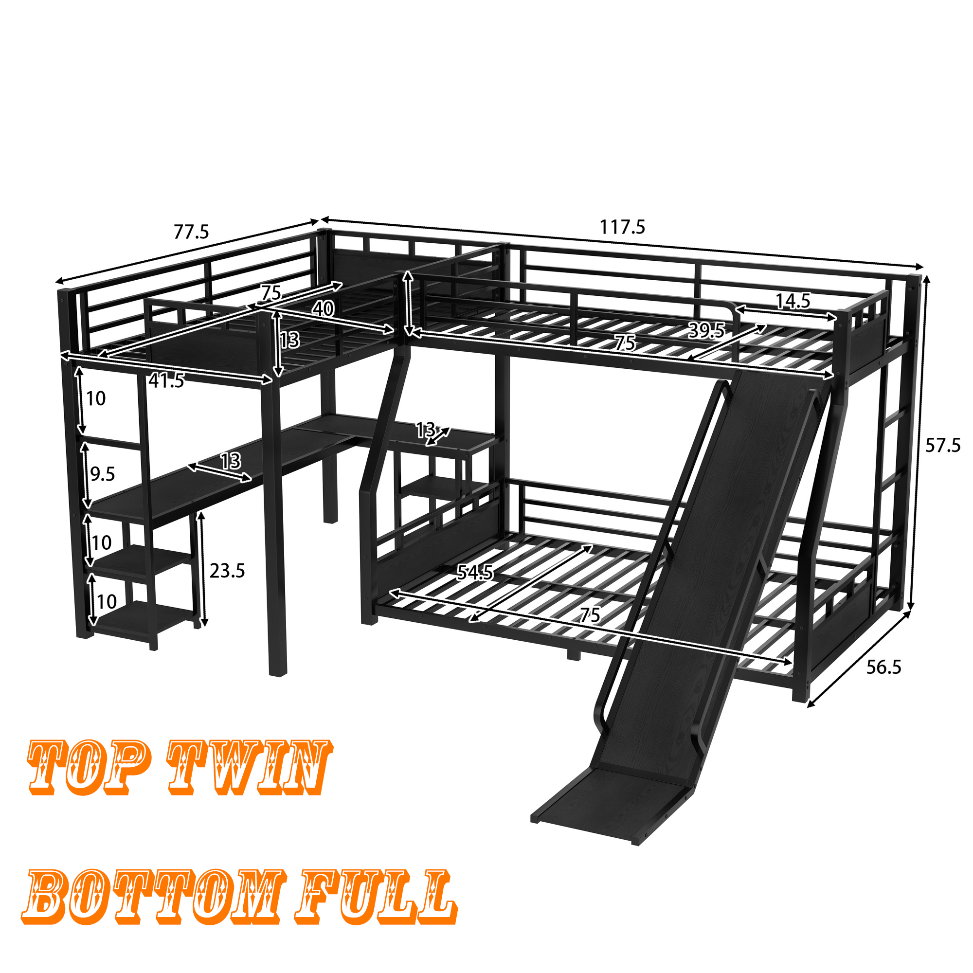 Bellemave® L - Shaped Triple Bunk Bed with Slide - Full over Queen & Twin XL Loft, Built - in Desk, Shelves | Space - Saving Metal Frame, Quiet Study Design, Black - Bellemave