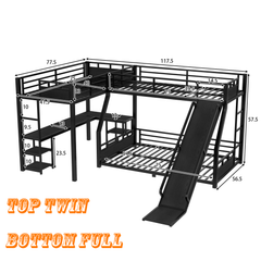Bellemave® L - Shaped Triple Bunk Bed with Slide - Full over Queen & Twin XL Loft, Built - in Desk, Shelves | Space - Saving Metal Frame, Quiet Study Design, Black - Bellemave