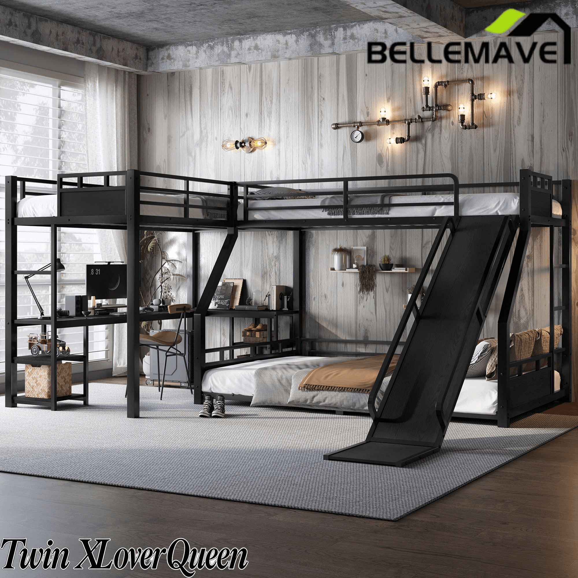 Bellemave® L-Shaped Triple Bunk Bed with Slide - Full over Queen & Twin XL Loft, Built-in Desk, Shelves | Space-Saving Metal Frame, Quiet Study Design, Black - Bellemave