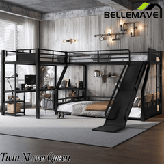 Bellemave® L-Shaped Triple Bunk Bed with Slide - Full over Queen & Twin XL Loft, Built-in Desk, Shelves | Space-Saving Metal Frame, Quiet Study Design, Black - Bellemave
