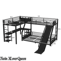Bellemave® L-Shaped Triple Bunk Bed with Slide - Full over Queen & Twin XL Loft, Built-in Desk, Shelves | Space-Saving Metal Frame, Quiet Study Design, Black - Bellemave