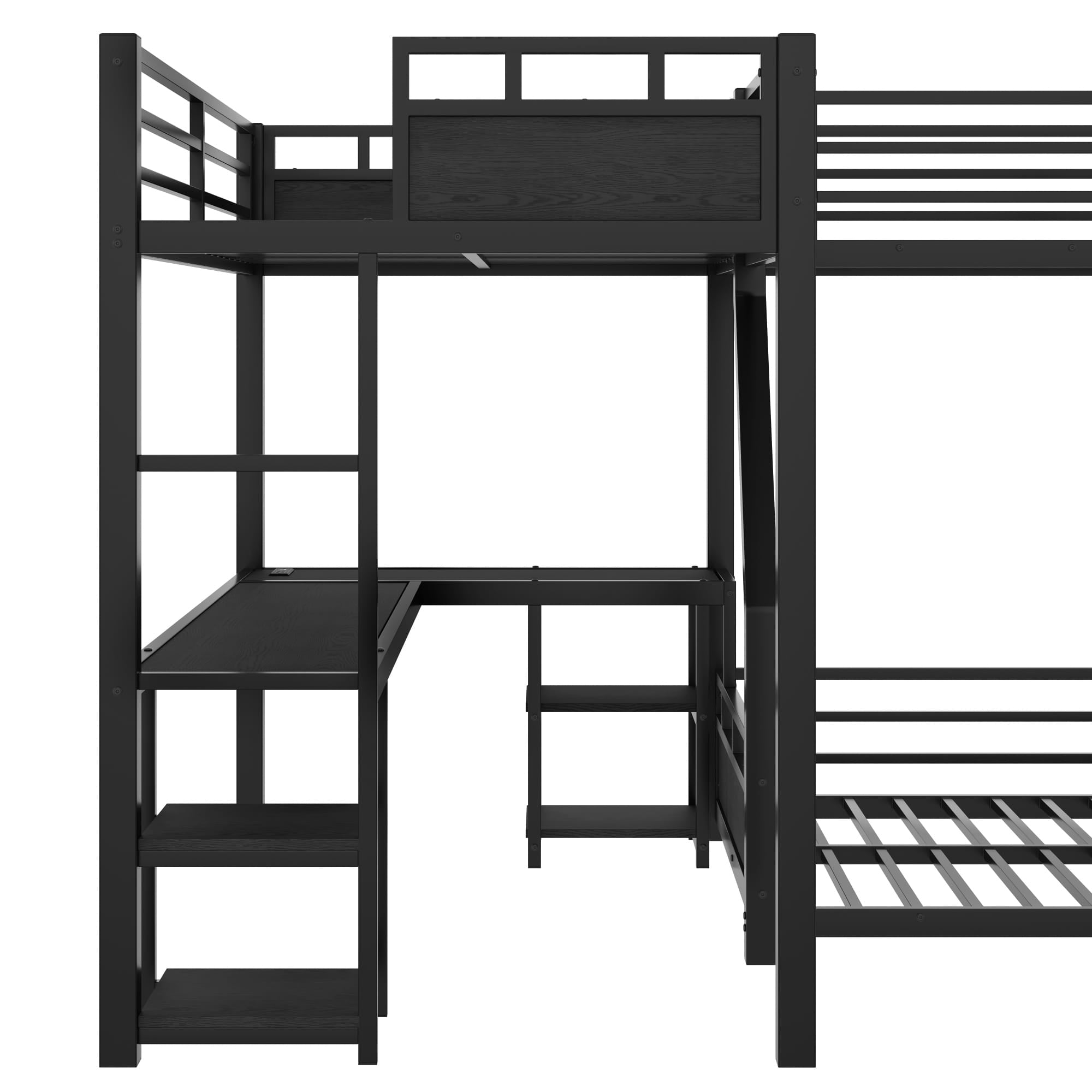 Bellemave® L-Shaped Triple Bunk Bed with Slide - Full over Queen & Twin XL Loft, Built-in Desk, Shelves | Space-Saving Metal Frame, Quiet Study Design, Black - Bellemave