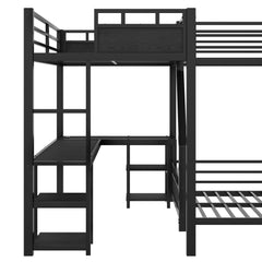 Bellemave® L-Shaped Triple Bunk Bed with Slide - Full over Queen & Twin XL Loft, Built-in Desk, Shelves | Space-Saving Metal Frame, Quiet Study Design, Black - Bellemave