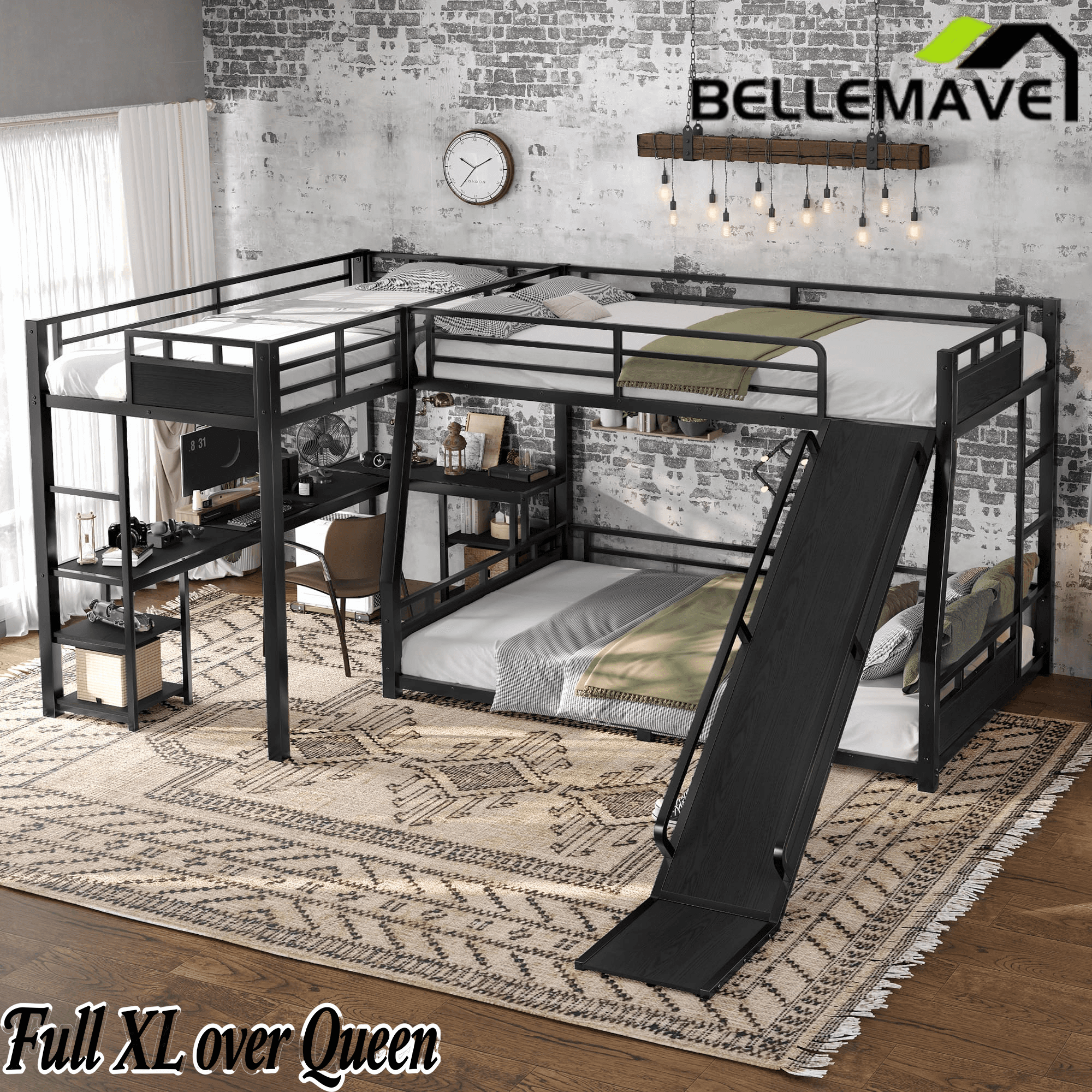Bellemave® L-Shaped Triple Bunk Bed with Slide - Full over Queen & Twin XL Loft, Built-in Desk, Shelves | Space-Saving Metal Frame, Quiet Study Design, Black - Bellemave