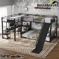 Bellemave® L-Shaped Triple Bunk Bed with Slide - Full over Queen & Twin XL Loft, Built-in Desk, Shelves | Space-Saving Metal Frame, Quiet Study Design, Black - Bellemave