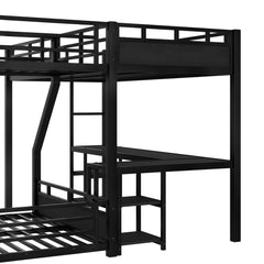 Bellemave® L - Shaped Triple Bunk Bed with Slide - Full over Queen & Twin XL Loft, Built - in Desk, Shelves | Space - Saving Metal Frame, Quiet Study Design, Black - Bellemave