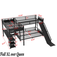 Bellemave® L-Shaped Triple Bunk Bed with Slide - Full over Queen & Twin XL Loft, Built-in Desk, Shelves | Space-Saving Metal Frame, Quiet Study Design, Black - Bellemave