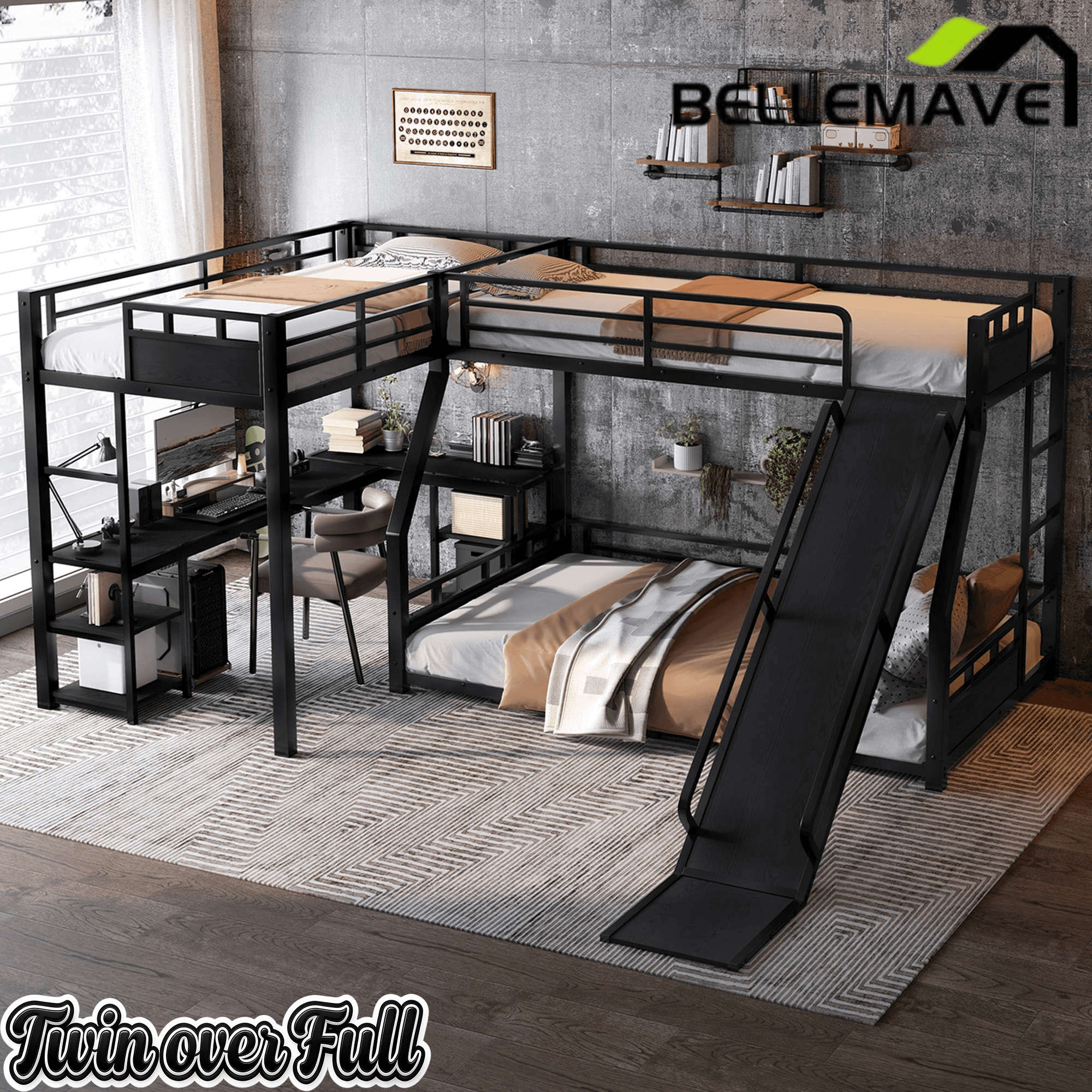 Bellemave® L-Shaped Triple Bunk Bed with Slide - Full over Queen & Twin XL Loft, Built-in Desk, Shelves | Space-Saving Metal Frame, Quiet Study Design, Black - Bellemave