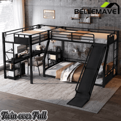 Bellemave® L-Shaped Triple Bunk Bed with Slide - Full over Queen & Twin XL Loft, Built-in Desk, Shelves | Space-Saving Metal Frame, Quiet Study Design, Black - Bellemave