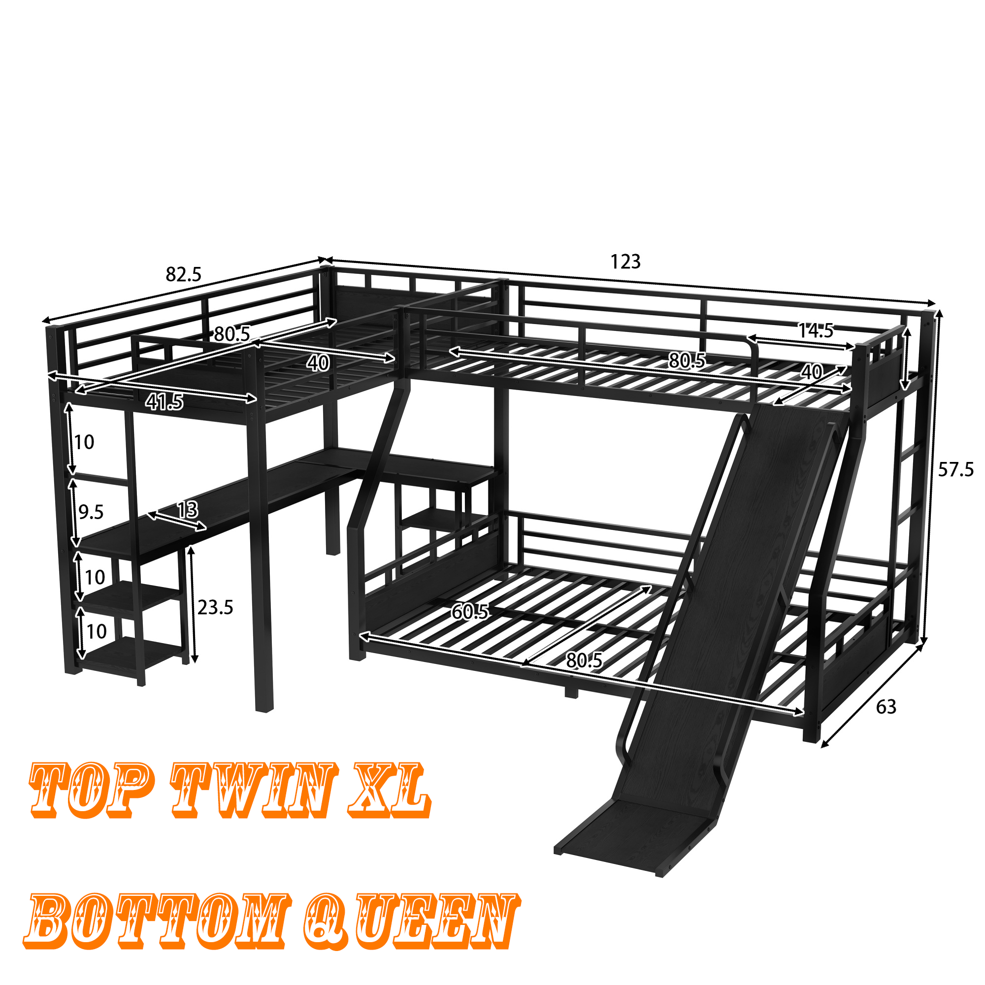Bellemave® L - Shaped Triple Bunk Bed with Slide - Full over Queen & Twin XL Loft, Built - in Desk, Shelves | Space - Saving Metal Frame, Quiet Study Design, Black - Bellemave
