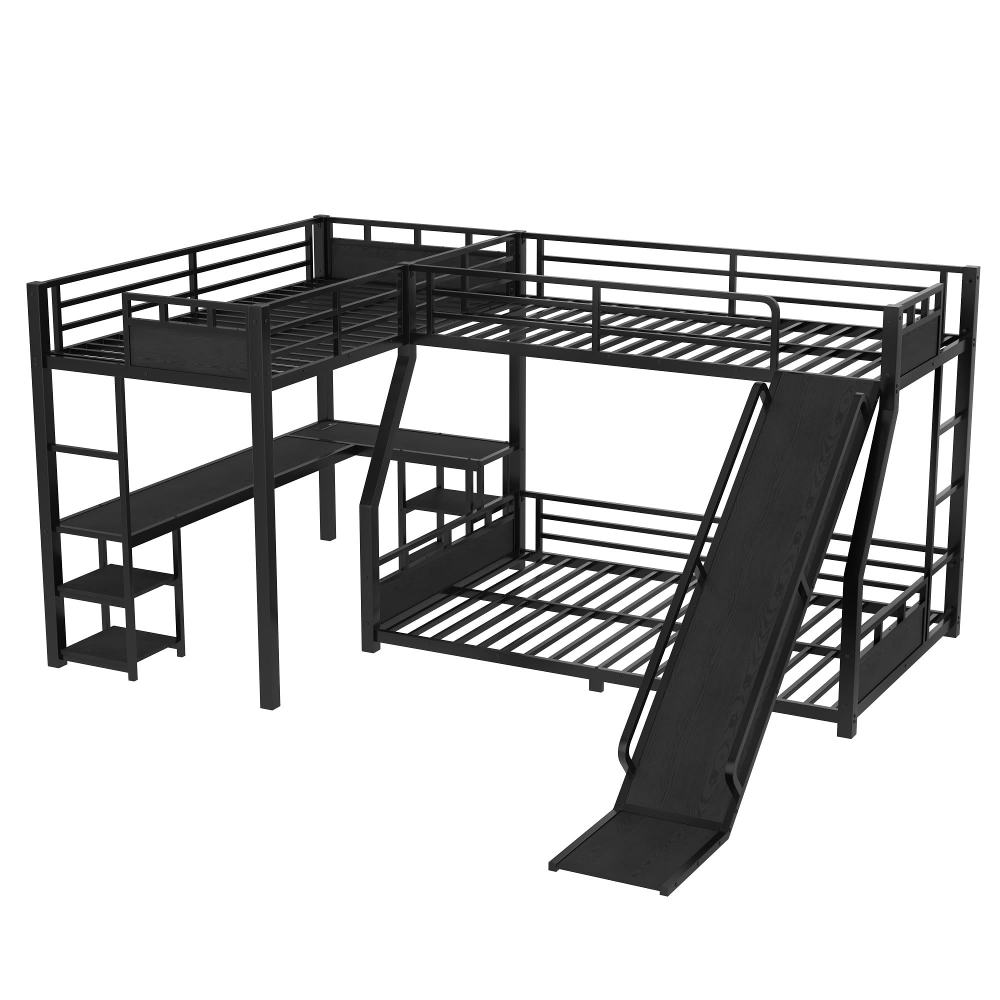 Bellemave® L-Shaped Triple Bunk Bed with Slide - Full over Queen & Twin XL Loft, Built-in Desk, Shelves | Space-Saving Metal Frame, Quiet Study Design, Black - Bellemave