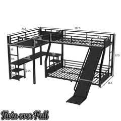 Bellemave® L-Shaped Triple Bunk Bed with Slide - Full over Queen & Twin XL Loft, Built-in Desk, Shelves | Space-Saving Metal Frame, Quiet Study Design, Black - Bellemave