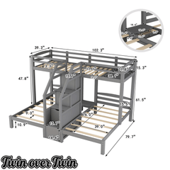 Bellemave® L Shaped Triple Bunk Bed with Stairs and Drawers for Storage, Twin Over Twin Over Twin Wood Bunk Beds Frame for 3, Saving Spcae, Gray - Bellemave