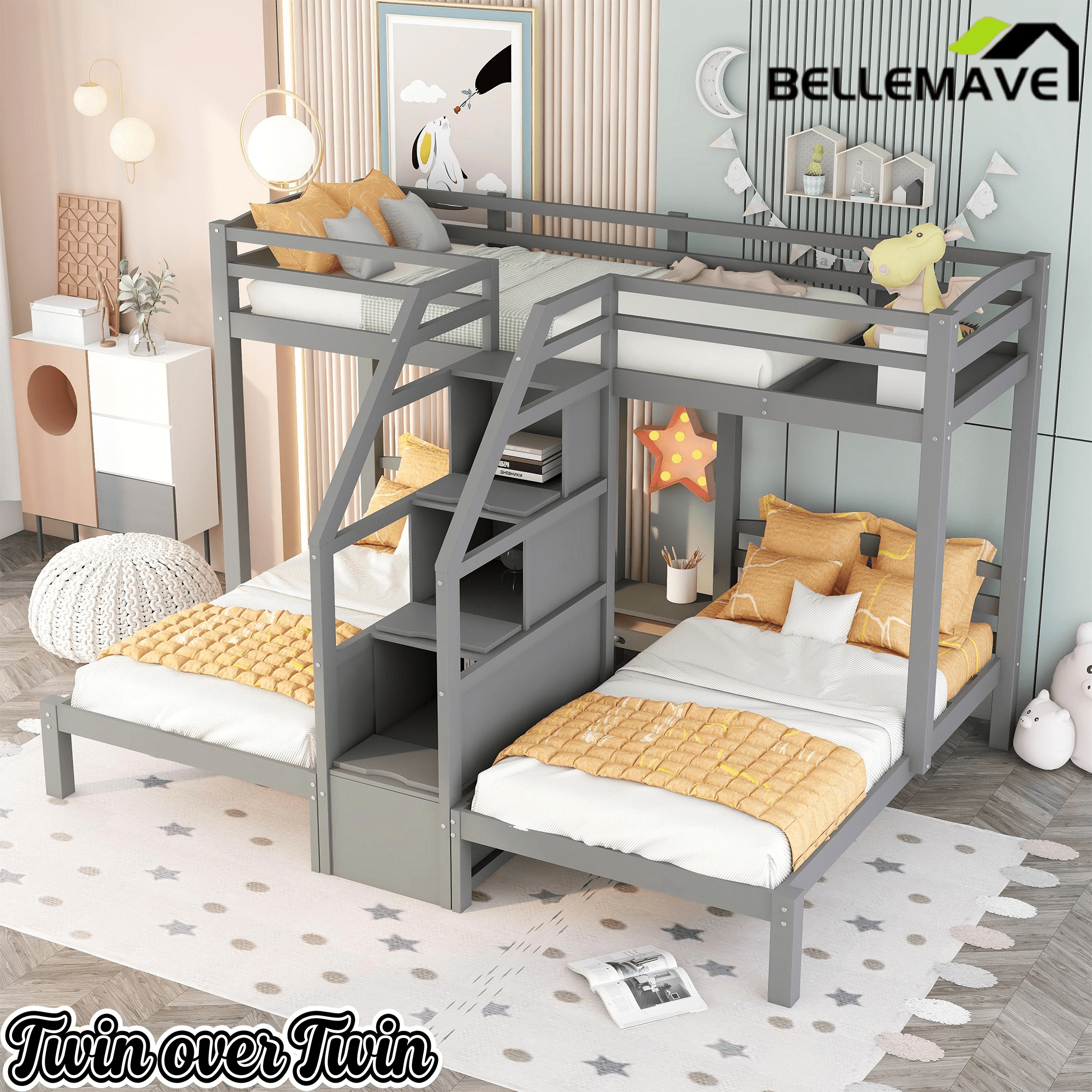 Bellemave® L Shaped Triple Bunk Bed with Stairs and Drawers for Storage, Twin Over Twin Over Twin Wood Bunk Beds Frame for 3, Saving Spcae, Gray - Bellemave
