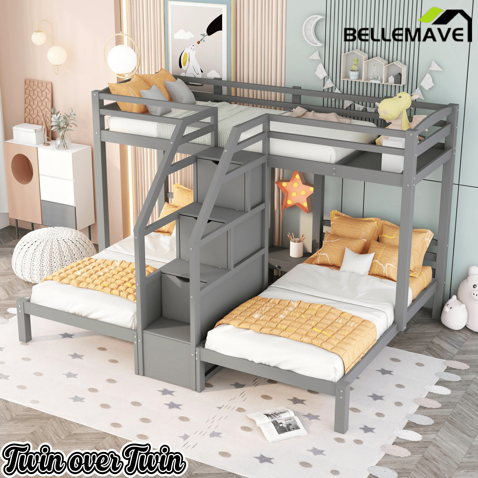 Bellemave® L Shaped Triple Bunk Bed with Stairs and Drawers for Storage, Twin Over Twin Over Twin Wood Bunk Beds Frame for 3, Saving Spcae, Gray - Bellemave