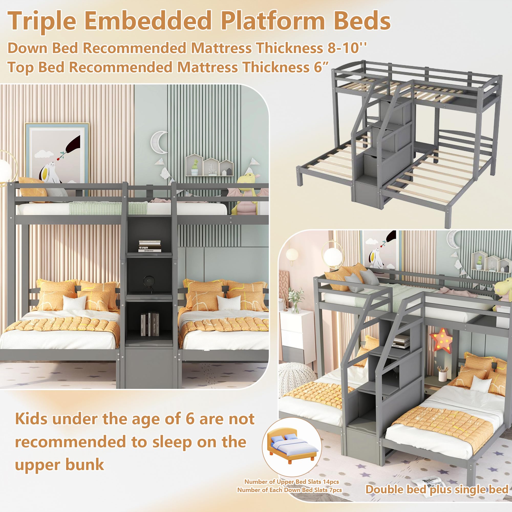 Bellemave® L Shaped Triple Bunk Bed with Stairs and Drawers for Storage, Twin Over Twin Over Twin Wood Bunk Beds Frame for 3, Saving Spcae, Gray - Bellemave