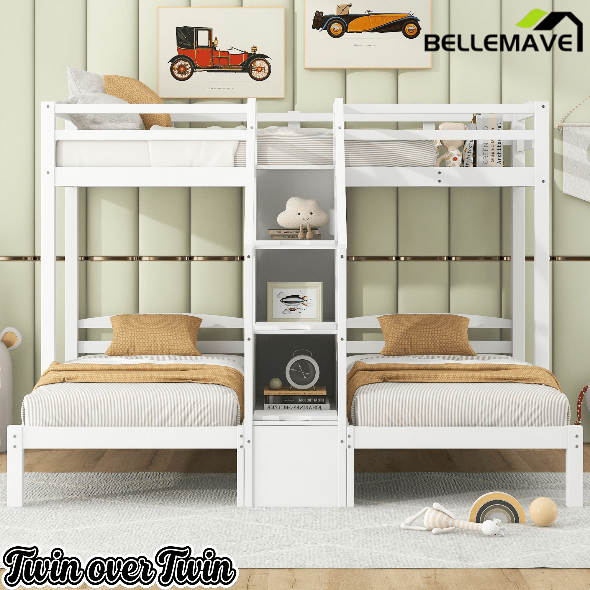 Bellemave® L Shaped Triple Bunk Bed with Stairs and Drawers for Storage, Twin Over Twin Over Twin Wood Bunk Beds Frame for 3, Saving Spcae, Gray - Bellemave