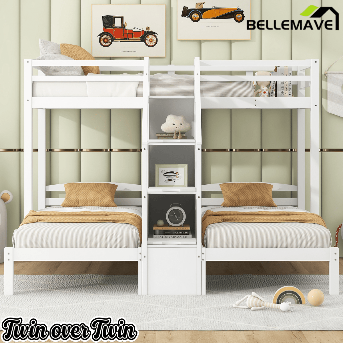 Bellemave® L Shaped Triple Bunk Bed with Stairs and Drawers for Storage, Twin Over Twin Over Twin Wood Bunk Beds Frame for 3, Saving Spcae, Gray - Bellemave