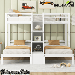 Bellemave® L Shaped Triple Bunk Bed with Stairs and Drawers for Storage, Twin Over Twin Over Twin Wood Bunk Beds Frame for 3, Saving Spcae, Gray - Bellemave