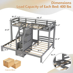 Bellemave® L Shaped Triple Bunk Bed with Stairs and Drawers for Storage, Twin Over Twin Over Twin Wood Bunk Beds Frame for 3, Saving Spcae, Gray - Bellemave