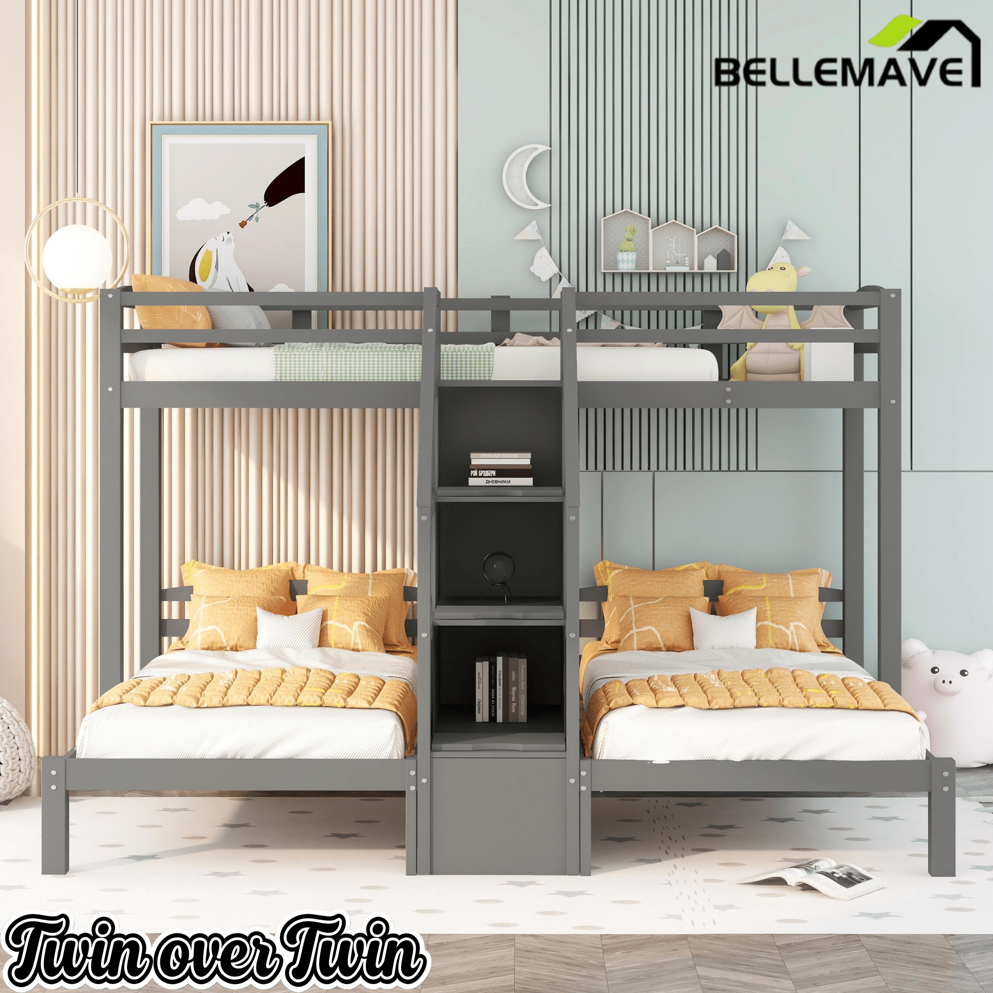 Bellemave® L Shaped Triple Bunk Bed with Stairs and Drawers for Storage, Twin Over Twin Over Twin Wood Bunk Beds Frame for 3, Saving Spcae, Gray - Bellemave