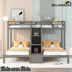 Bellemave® L Shaped Triple Bunk Bed with Stairs and Drawers for Storage, Twin Over Twin Over Twin Wood Bunk Beds Frame for 3, Saving Spcae, Gray - Bellemave