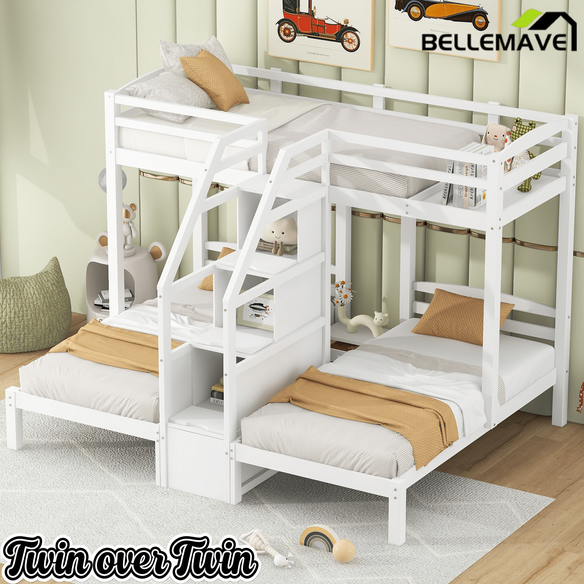 Bellemave® L Shaped Triple Bunk Bed with Stairs and Drawers for Storage, Twin Over Twin Over Twin Wood Bunk Beds Frame for 3, Saving Spcae, Gray - Bellemave