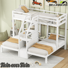 Bellemave® L Shaped Triple Bunk Bed with Stairs and Drawers for Storage, Twin Over Twin Over Twin Wood Bunk Beds Frame for 3, Saving Spcae, Gray - Bellemave
