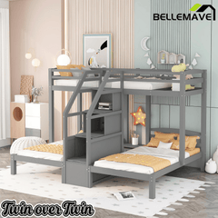Bellemave® L Shaped Triple Bunk Bed with Stairs and Drawers for Storage, Twin Over Twin Over Twin Wood Bunk Beds Frame for 3, Saving Spcae, Gray - Bellemave