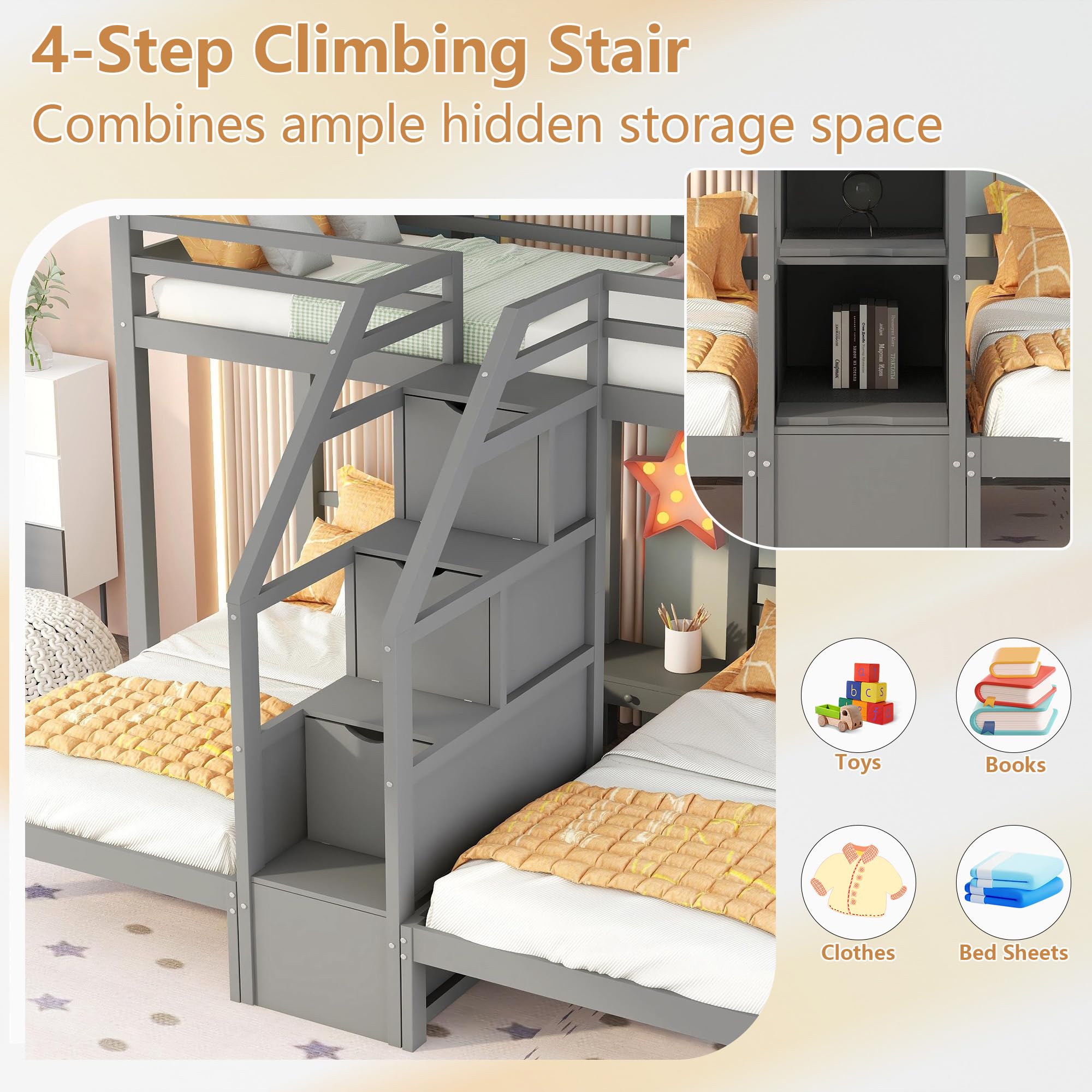 Bellemave® L Shaped Triple Bunk Bed with Stairs and Drawers for Storage, Twin Over Twin Over Twin Wood Bunk Beds Frame for 3, Saving Spcae, Gray - Bellemave