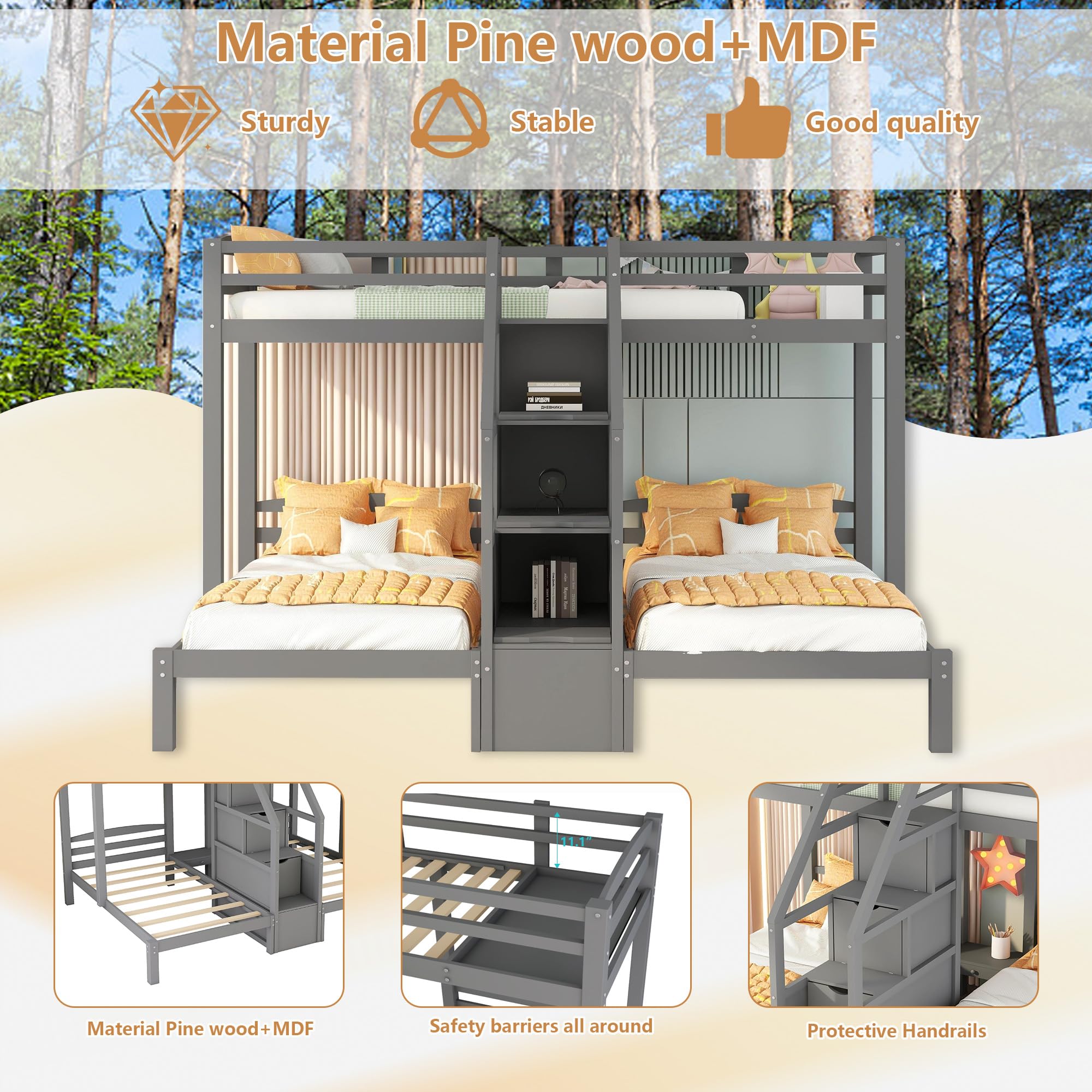 Bellemave® L Shaped Triple Bunk Bed with Stairs and Drawers for Storage, Twin Over Twin Over Twin Wood Bunk Beds Frame for 3, Saving Spcae, Gray - Bellemave