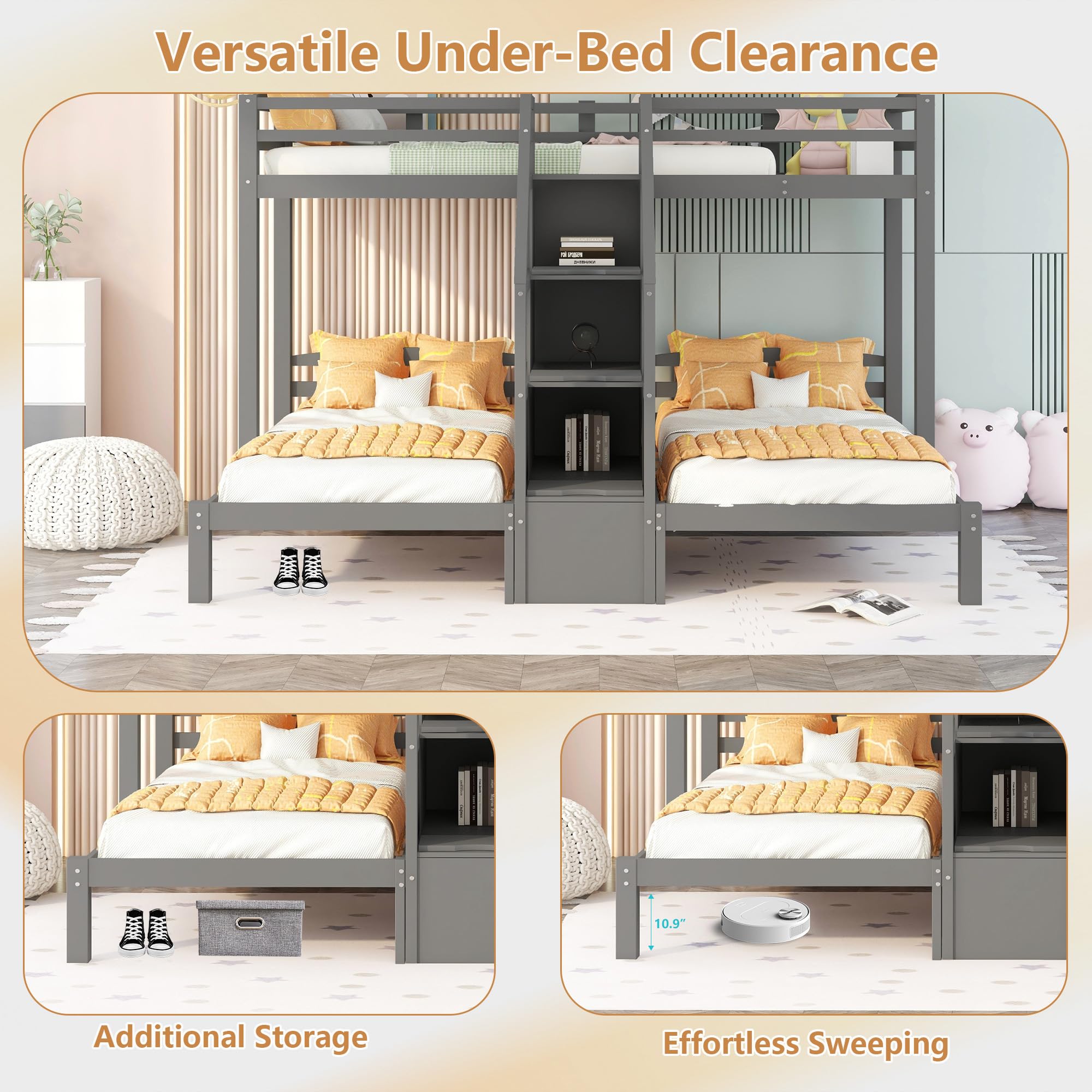 Bellemave® L Shaped Triple Bunk Bed with Stairs and Drawers for Storage, Twin Over Twin Over Twin Wood Bunk Beds Frame for 3, Saving Spcae, Gray - Bellemave