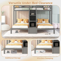 Bellemave® L Shaped Triple Bunk Bed with Stairs and Drawers for Storage, Twin Over Twin Over Twin Wood Bunk Beds Frame for 3, Saving Spcae, Gray - Bellemave