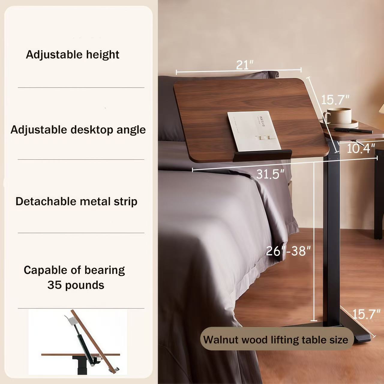 Bellemave® Laptop Stand for Bed Tilting Overbed Table with Wheels, Height Adjustable Tray Bedside Table for Laptop Bed Sofa, WALNUT - Bellemave