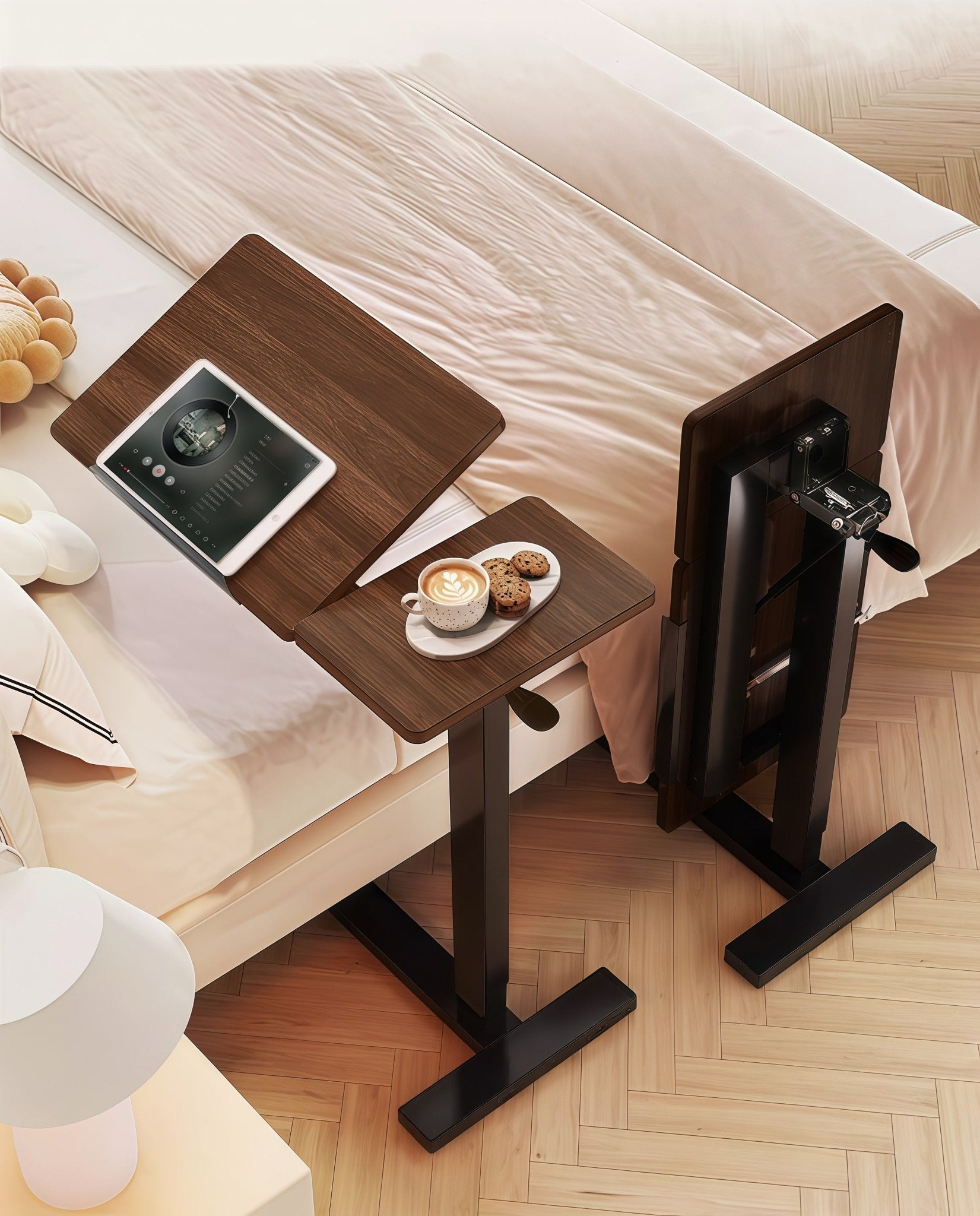 Bellemave® Laptop Stand for Bed Tilting Overbed Table with Wheels, Height Adjustable Tray Bedside Table for Laptop Bed Sofa, WALNUT - Bellemave