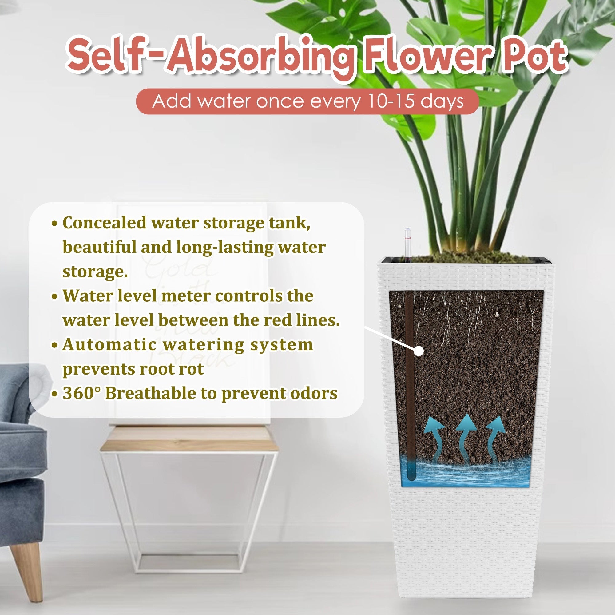 Bellemave® Large Flower Pot 30" Tall, Self - Watering Planter with Water Level Monitor, Drainage & Inner Tray - Bellemave