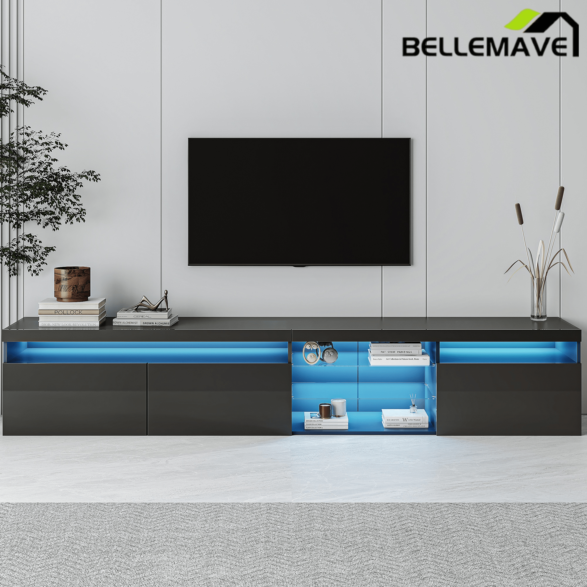Bellemave® LED TV Stand for TVs Up to 105" with 2 Glass Shelves,Versatile TV Cabinet with LED Color Changing Lights for Living Room - Bellemave