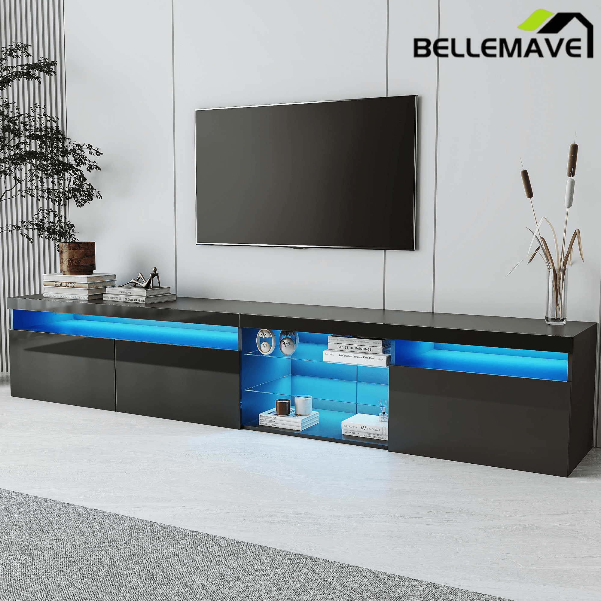 Bellemave® LED TV Stand for TVs Up to 105" with 2 Glass Shelves,Versatile TV Cabinet with LED Color Changing Lights for Living Room - Bellemave