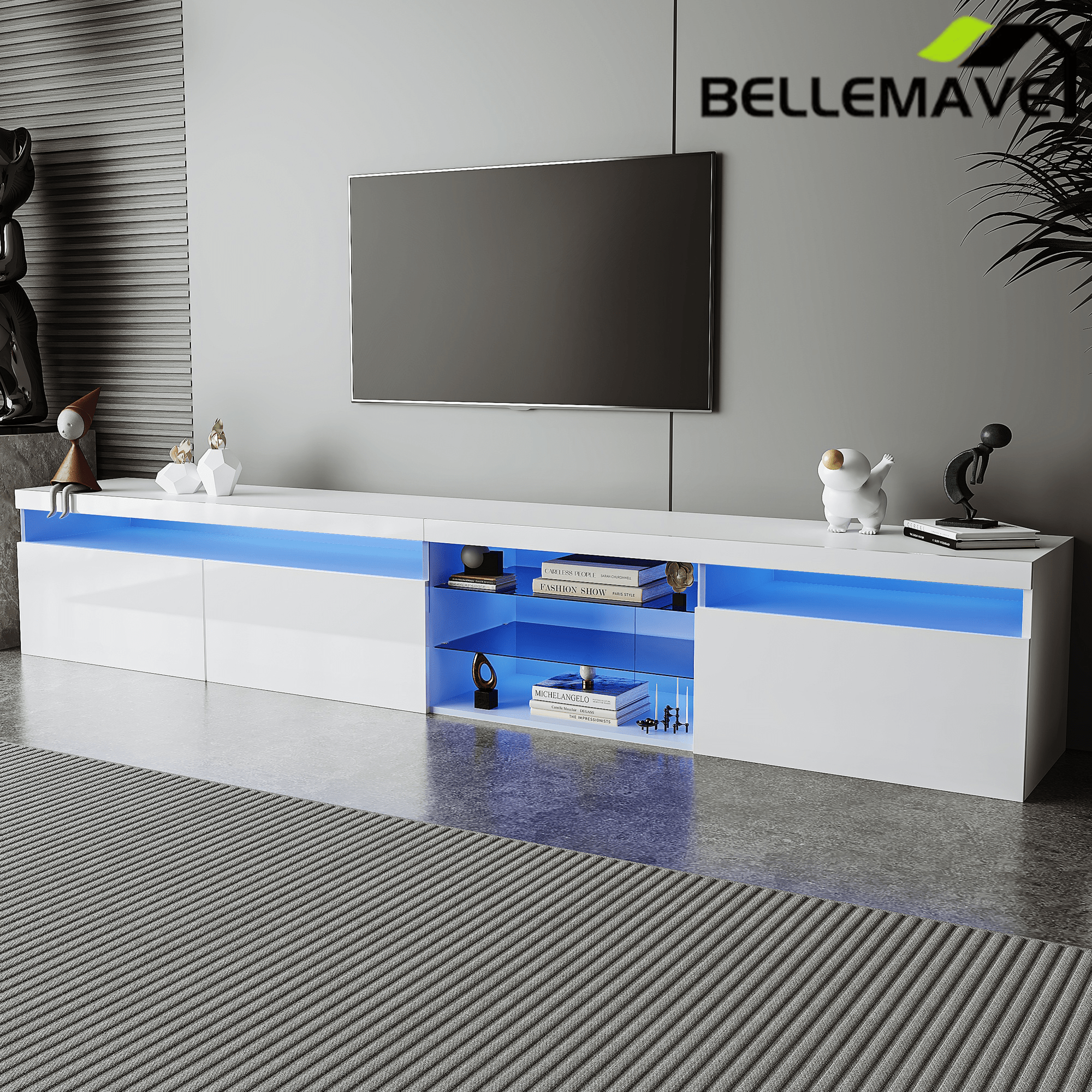 Bellemave® LED TV Stand for TVs Up to 105" with 2 Glass Shelves,Versatile TV Cabinet with LED Color Changing Lights for Living Room - Bellemave