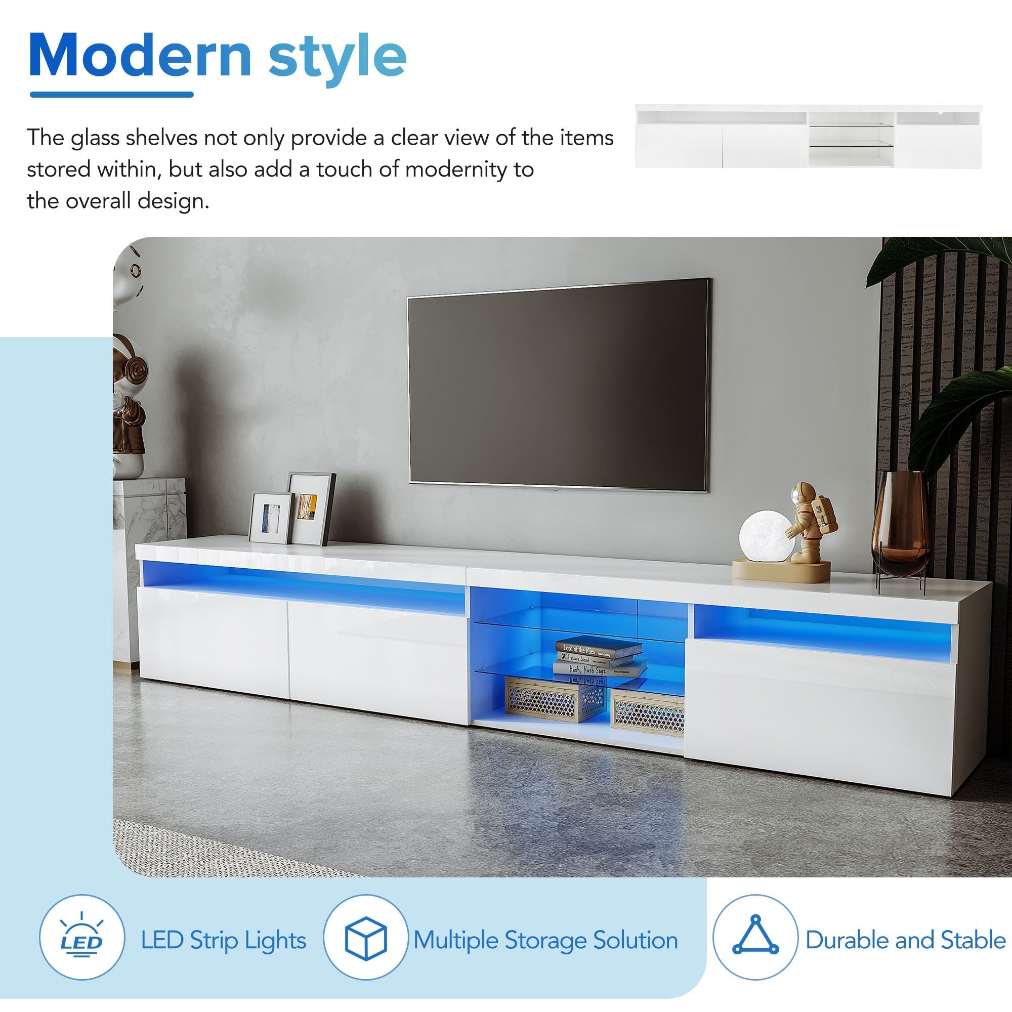 Bellemave® LED TV Stand for TVs Up to 105" with 2 Glass Shelves,Versatile TV Cabinet with LED Color Changing Lights for Living Room - Bellemave