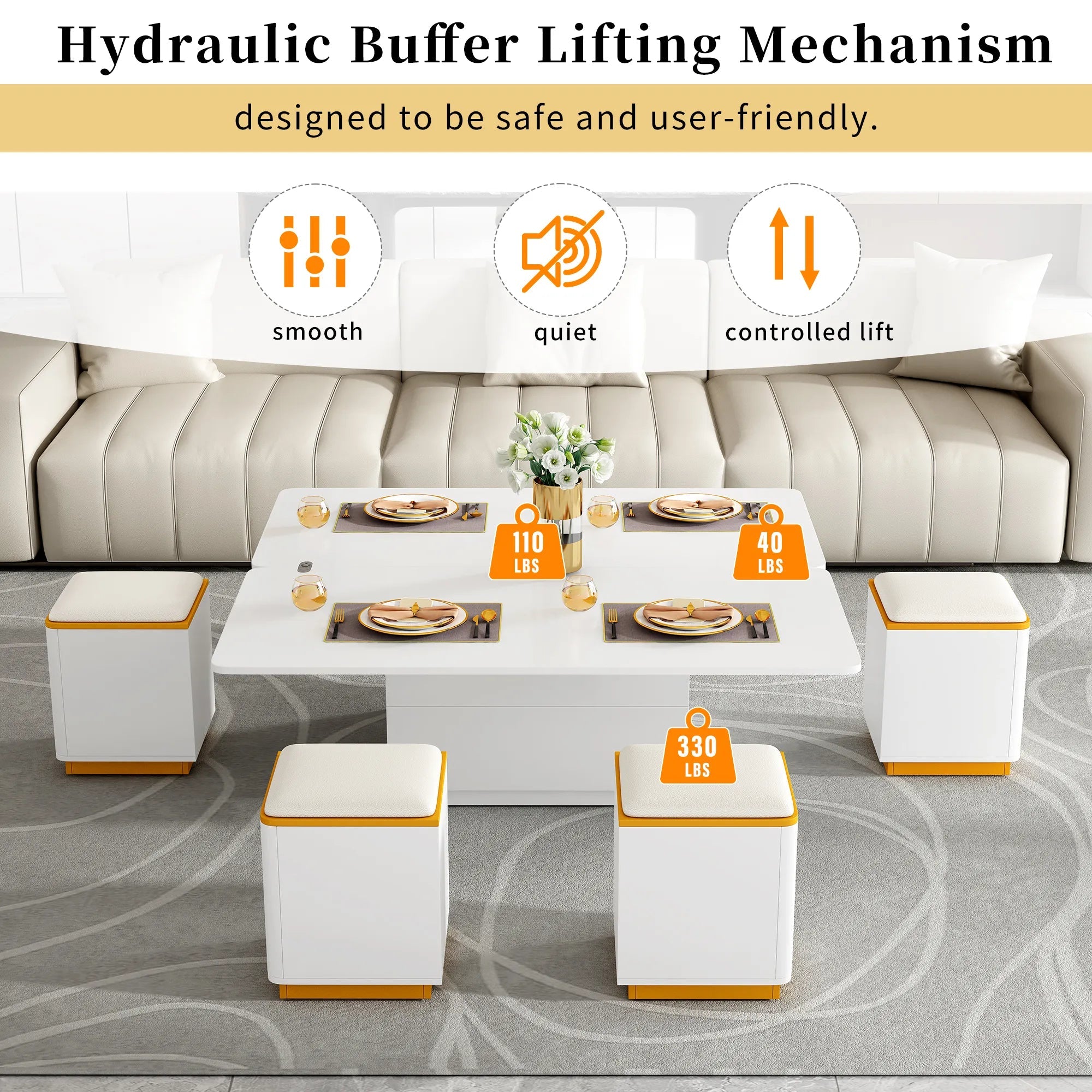 Bellemave® Lift - Top Coffee Table with 4 Storage Stools - Bellemave
