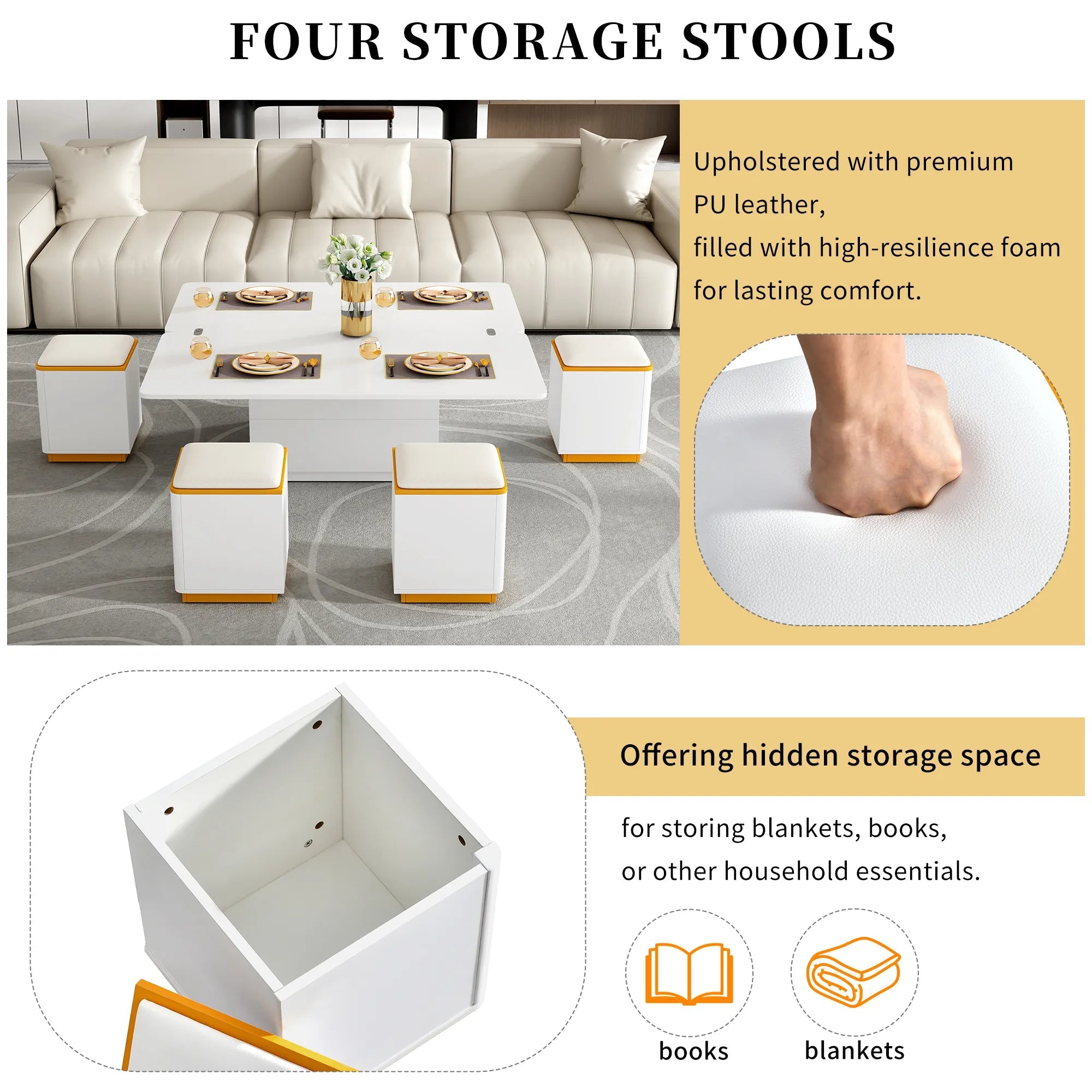 Bellemave® Lift - Top Coffee Table with 4 Storage Stools - Bellemave