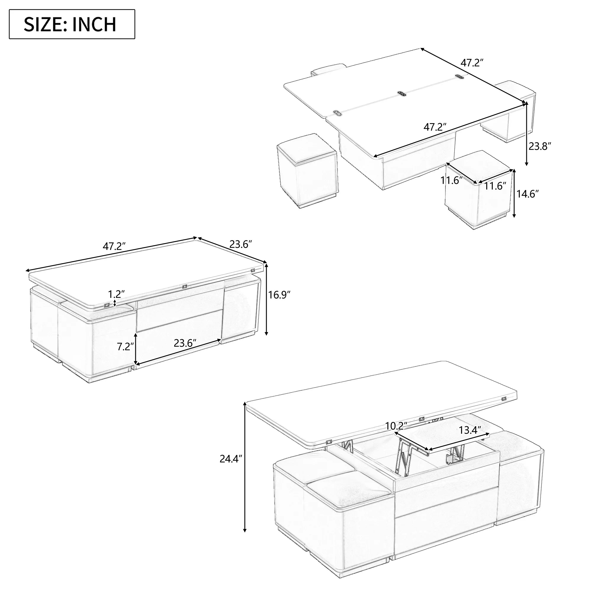 Bellemave® Lift - Top Coffee Table with 4 Storage Stools - Bellemave