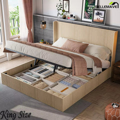 Bellemave® Lift-Top Storage Platform Bed with Fluted Wood Headboard, Hydraulic Lift Bed Frame with Hidden Storage, No Box Spring Required - Bellemave
