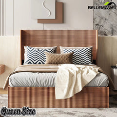 Bellemave® Lift-Top Storage Platform Bed with Fluted Wood Headboard, Hydraulic Lift Bed Frame with Hidden Storage, No Box Spring Required - Bellemave