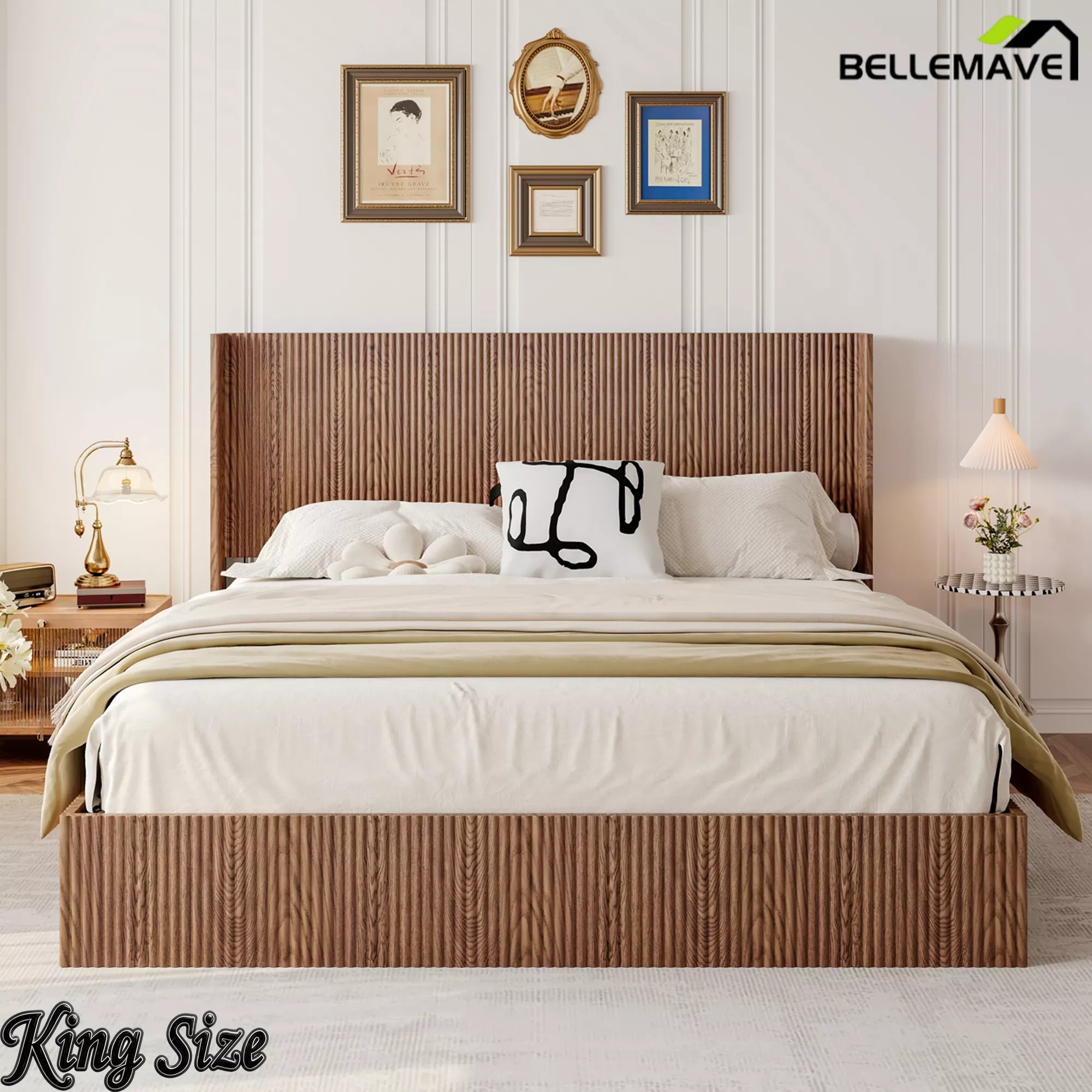 Bellemave® Lift-Top Storage Platform Bed with Fluted Wood Headboard, Hydraulic Lift Bed Frame with Hidden Storage, No Box Spring Required - Bellemave