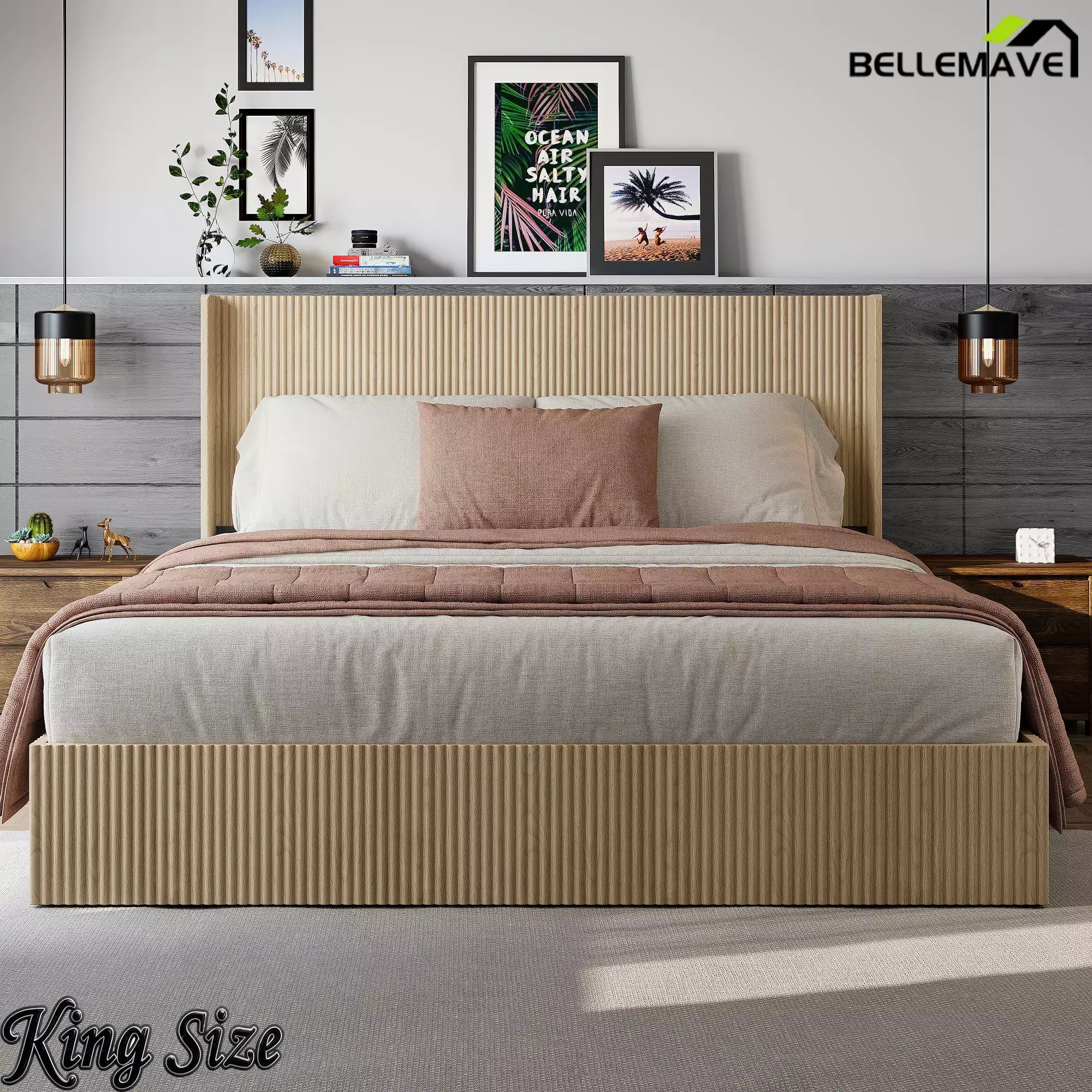 Bellemave® Lift-Top Storage Platform Bed with Fluted Wood Headboard, Hydraulic Lift Bed Frame with Hidden Storage, No Box Spring Required - Bellemave