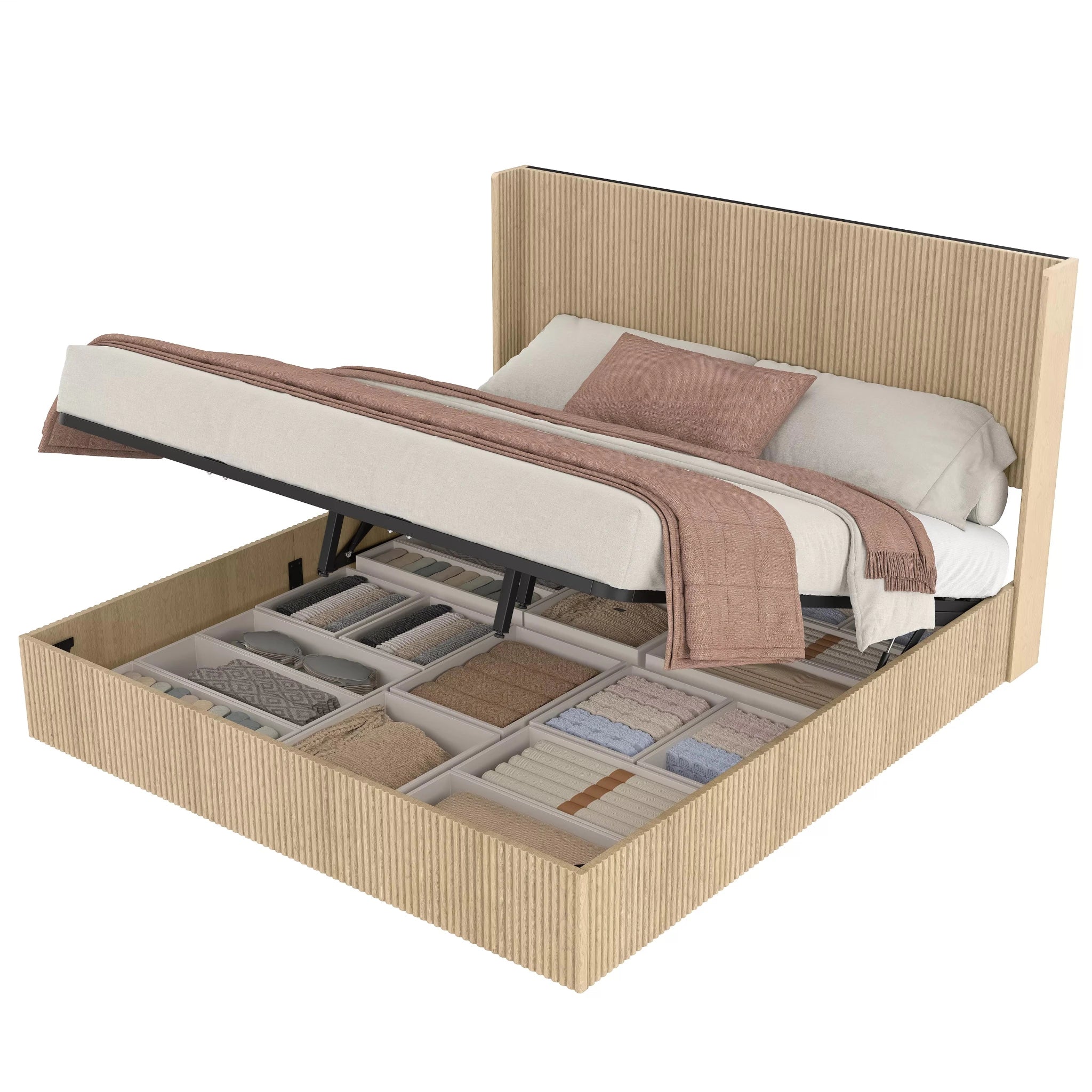 Bellemave® Lift-Top Storage Platform Bed with Fluted Wood Headboard, Hydraulic Lift Bed Frame with Hidden Storage, No Box Spring Required - Bellemave