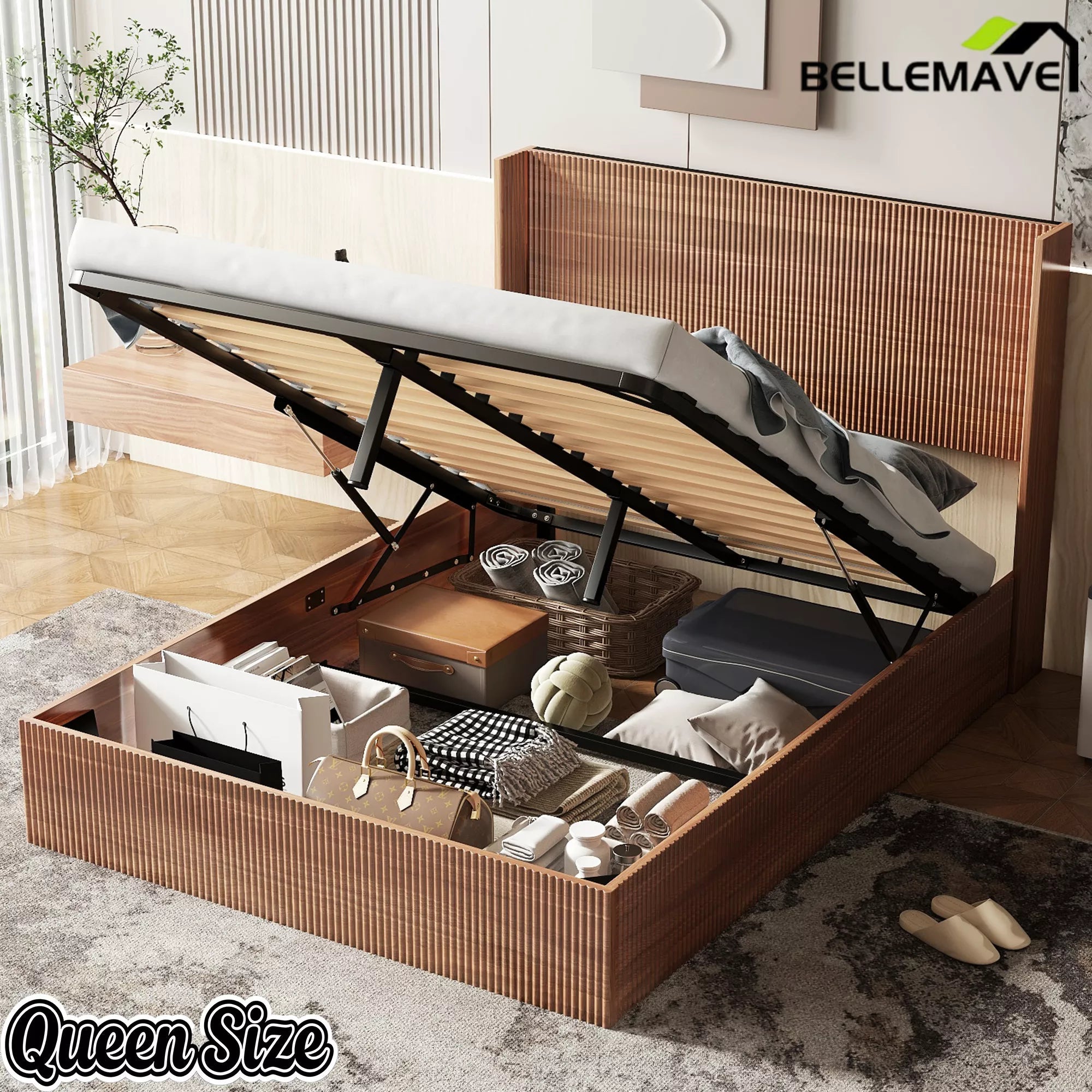 Bellemave® Lift-Top Storage Platform Bed with Fluted Wood Headboard, Hydraulic Lift Bed Frame with Hidden Storage, No Box Spring Required - Bellemave
